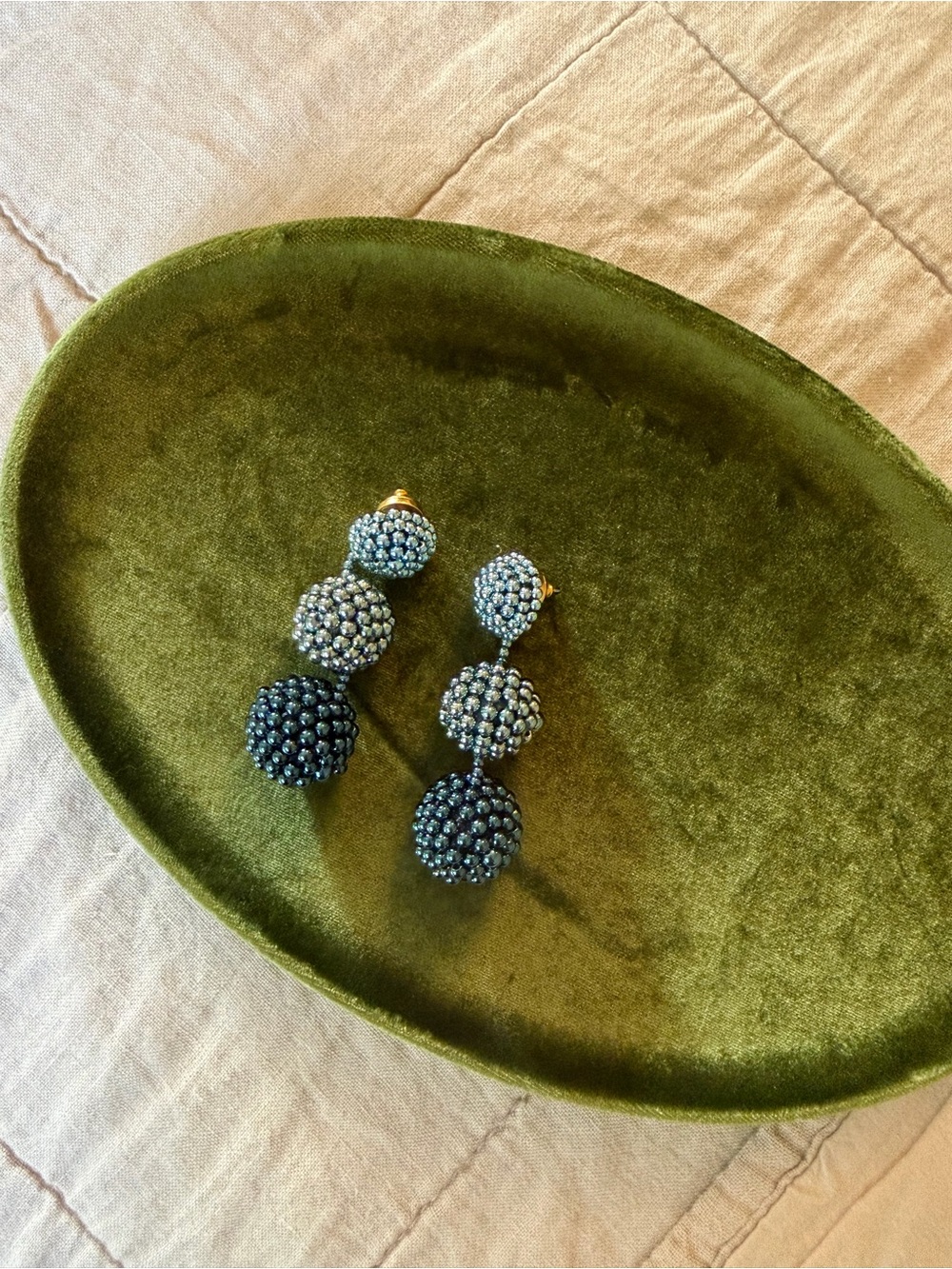 Oscar de la Renta 3 Ball Beaded Chandelier Earrings blue